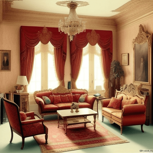 AI generated: Photo of a living room 100 years ago. Detailed, colorful, and ornate furniture and decorations. 