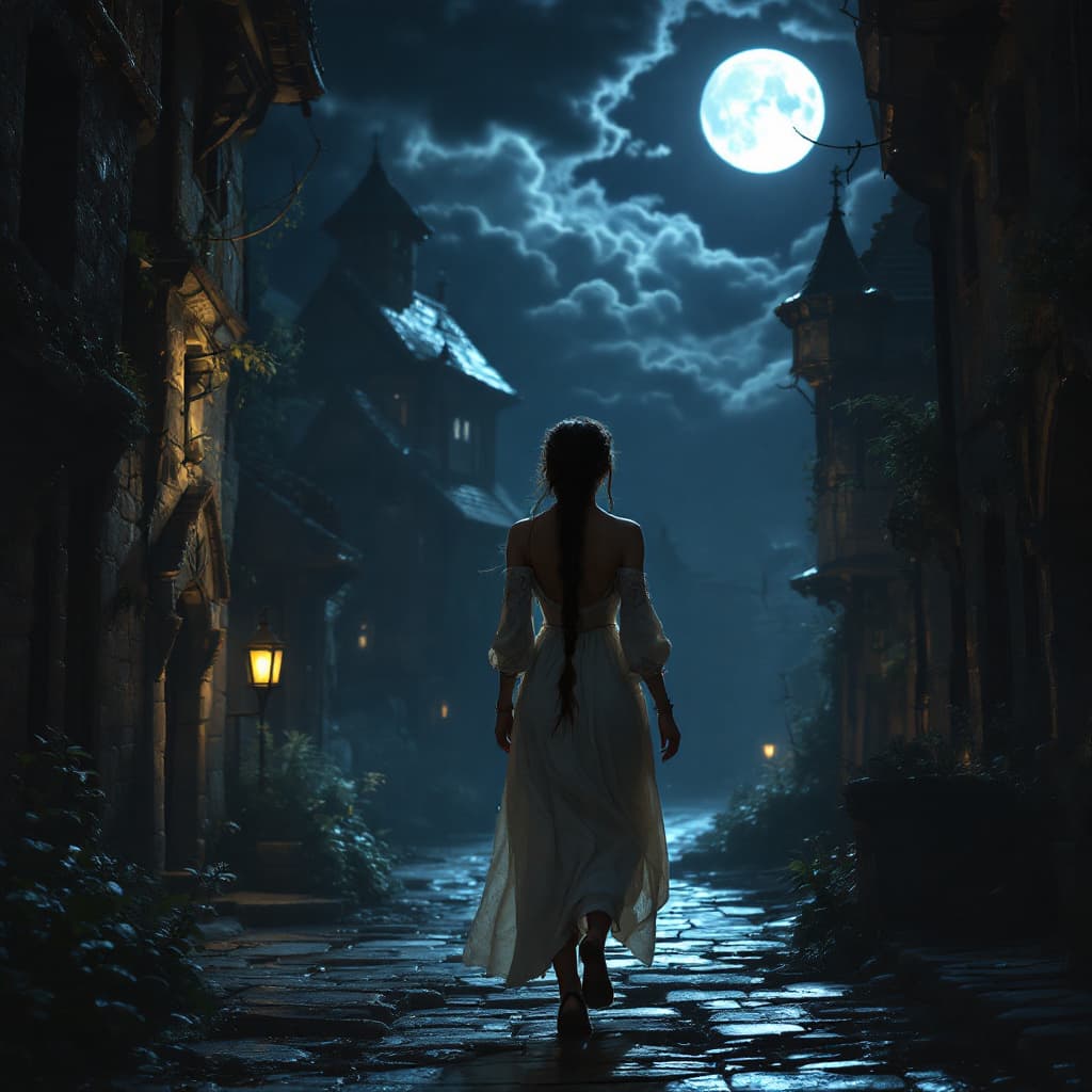 AI generated:  medieval village, night, dark, dimly lit, a gorgeous maiden walks down the street, nude , sandals, ...