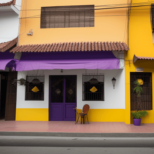 AI generated: exterior de pequeño restaurante de color amarillo y morado en las calles de la ciudad de Cali pintor...