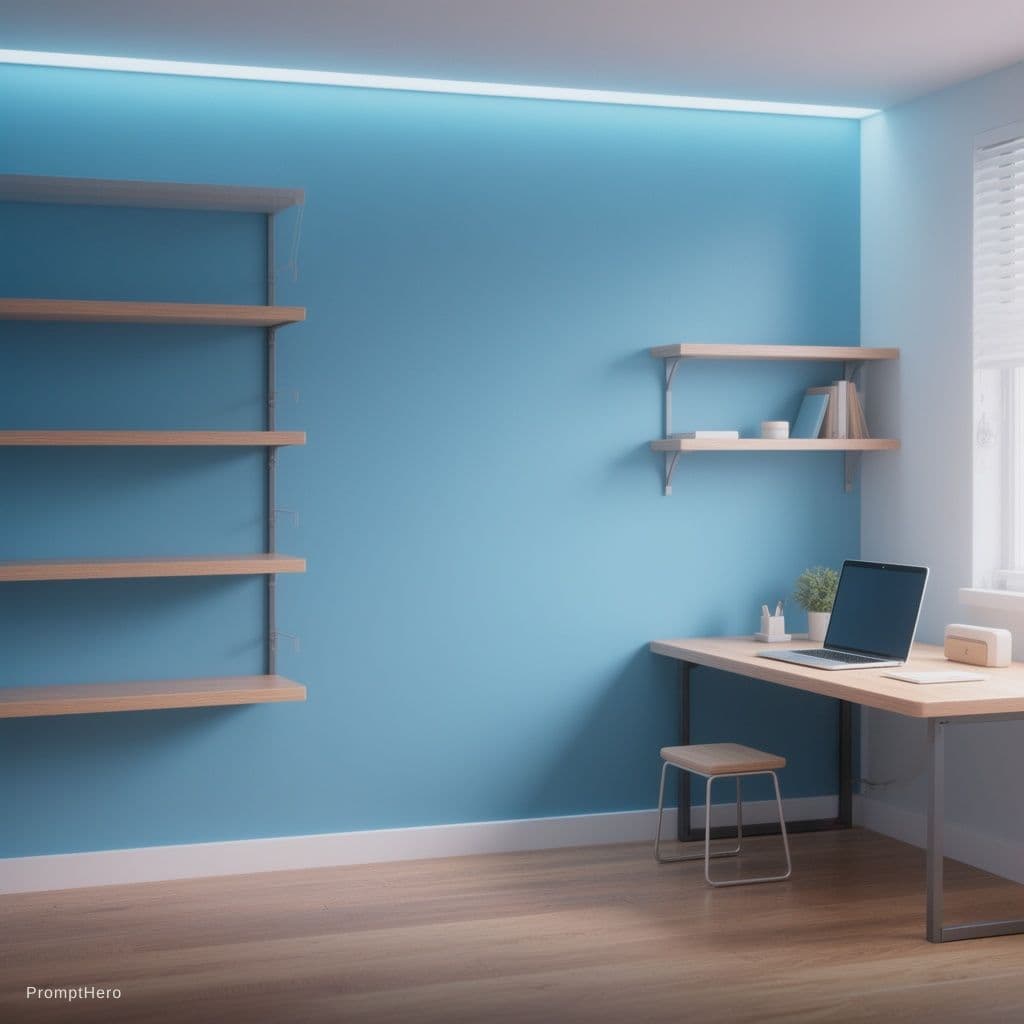 AI generated: A minimalist 3D desktop wallpaper of a modern room with a blue wall and soft ambient lighting, woode...
