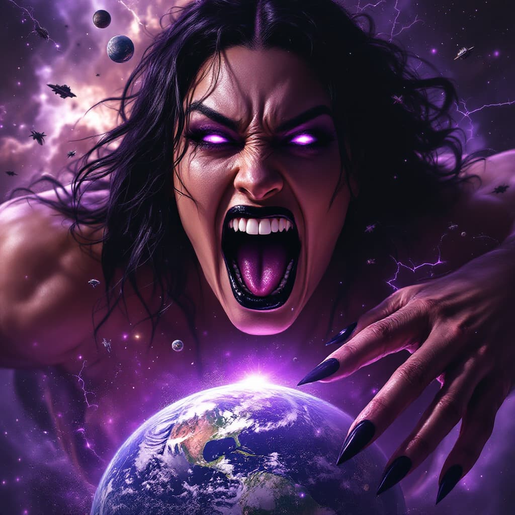 AI generated: enormous giantess Rhea Ripley  from WWE
bigger than a galaxy floating in space, minuscule planets in...