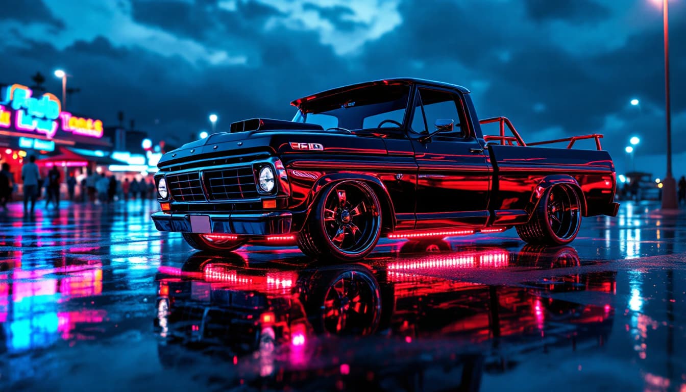 AI generated: A hyper realistic 1971 Ford F150 from a front side view. The truck is lowered, black and red paint j...