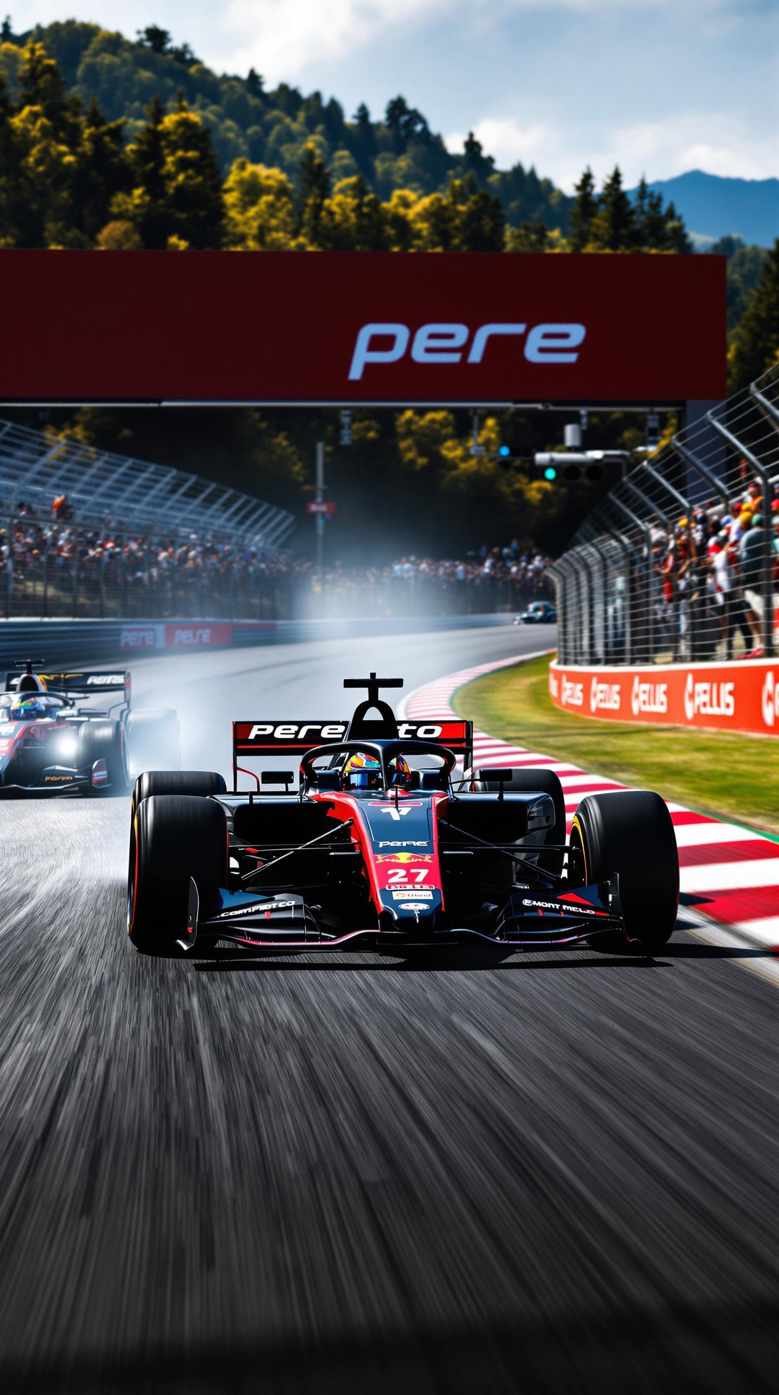 AI generated: a black and red formula 1 car racing at high speed on a circuit in Mont Melo with the name of the "P...