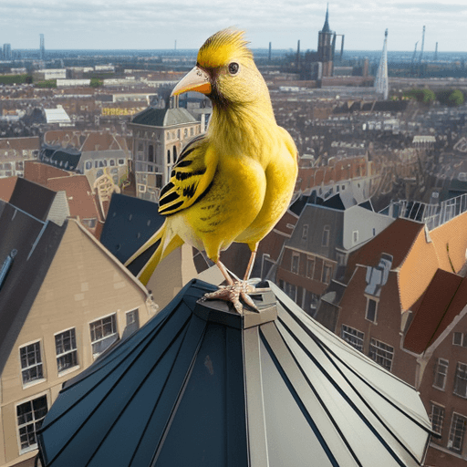 AI generated: On top of The building Tivoli in the city of Utrecht in the Netherlands a yellow bird. 