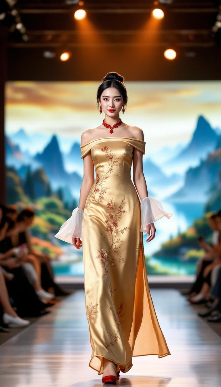 AI generated: A beautiful Chinese model, with a black bun, wearing a stunning traditional Chinese golden cheongsam...