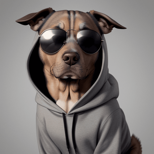AI generated: "Wild and dignified eyes shining through sunglasses, a dog wearing a gray hoodie, against a dynamic ...