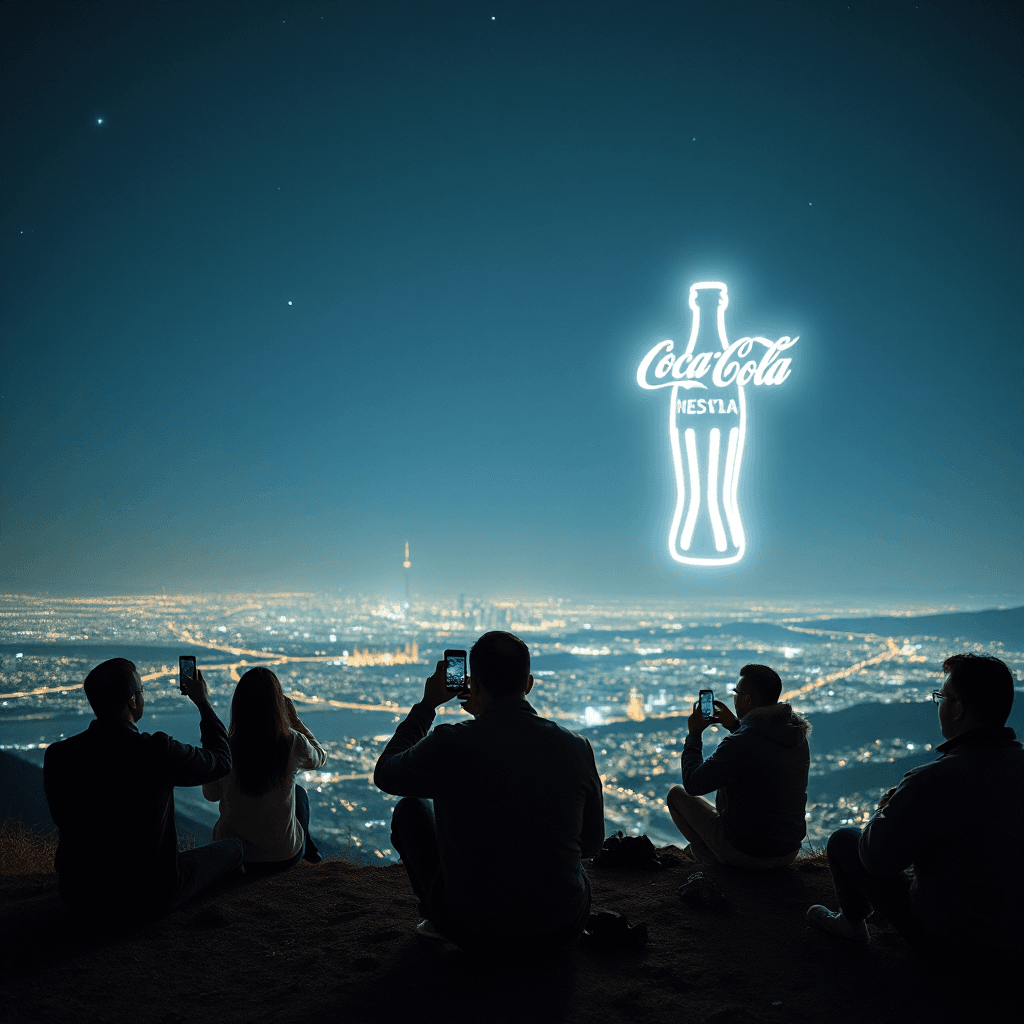 AI generated: a group of people sitting on top of a hill, filming with their phones a (floating âcoca cola" "Nvi...