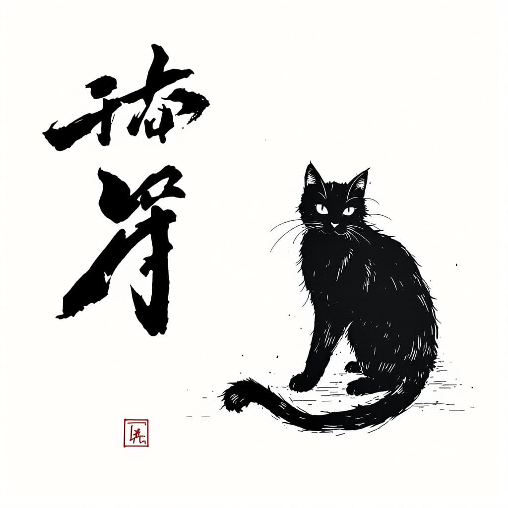 AI generated: japanese calligraphy combined with a 
black ink drawing of a cat in a minimalistic fashion 