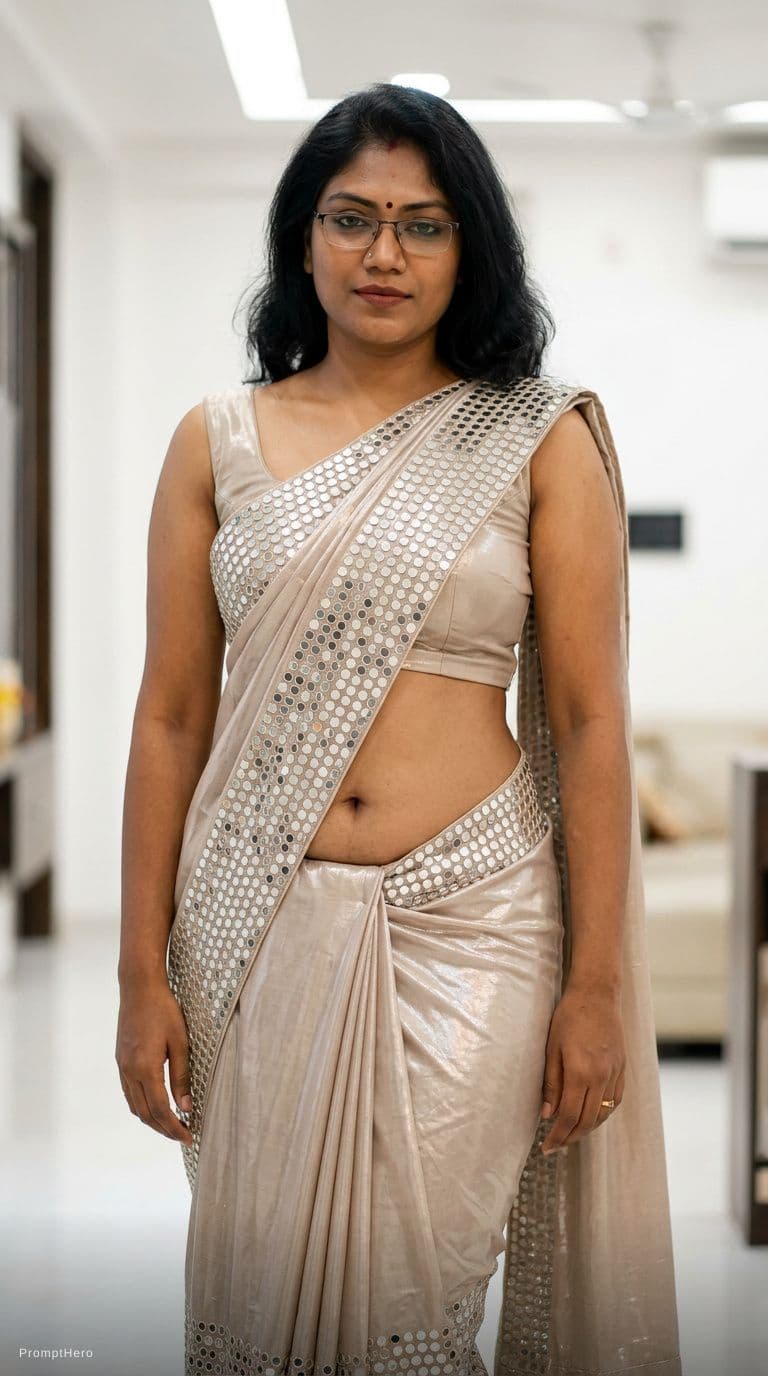 AI generated: Tamil girl. modern sexy glossy mirror saree, wearing saree saree saree model. glossy mirror saree Na...