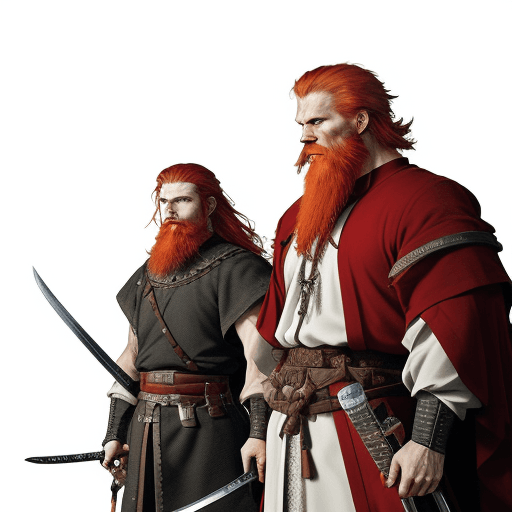 AI generated: in style of artist Yoji Shinkawa, white background, 4k, bearded viking men with red hair, slender wo...