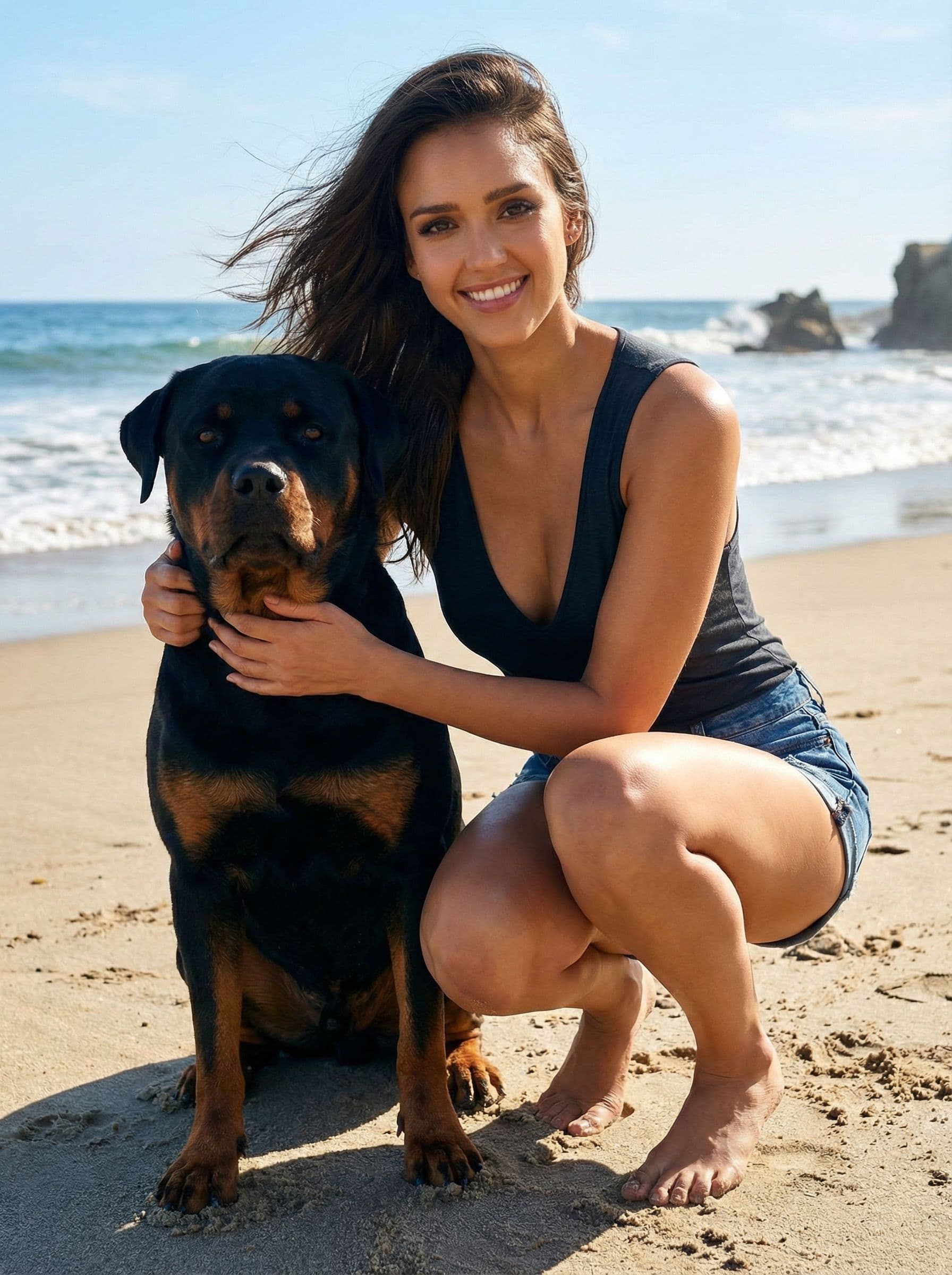 AI generated: jessica alba with her rottweiler squats on the beach, she looks the camera, low-cut v neckline