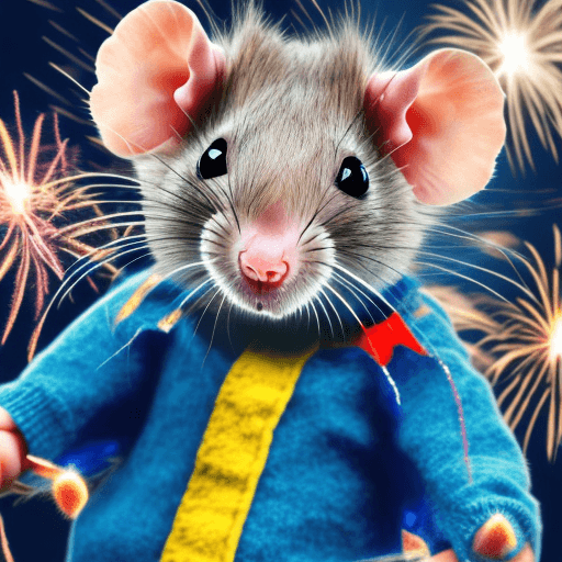 AI generated: cute little rat with fireworks and a grin