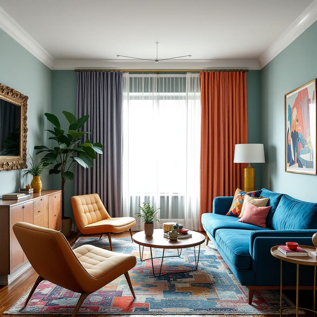 AI generated: colorful and sophisticated living room, mid-century furniture, "blue velvet couch", curtains, window...