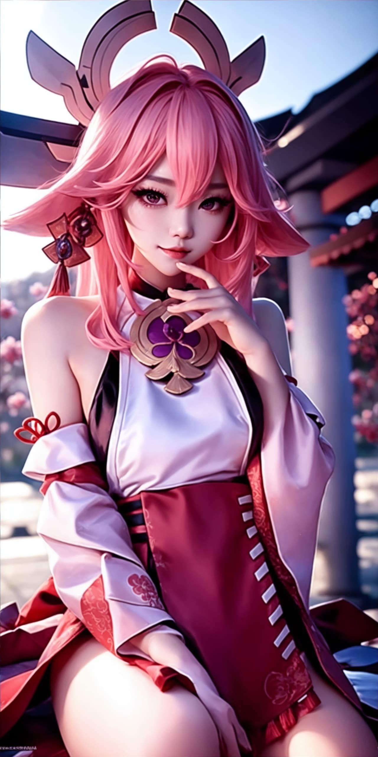AI generated: 1girl, (ulzzang-6500:0.7), upper body, kpop idol, yae miko, general,  detached sleeves, bare shoulde...
