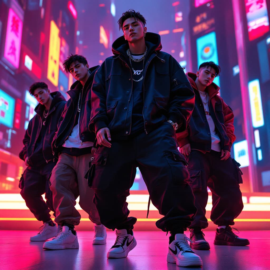AI generated: High-fashion K-pop YG Entertainment male trainees, stylish and charismatic, performing on a futurist...