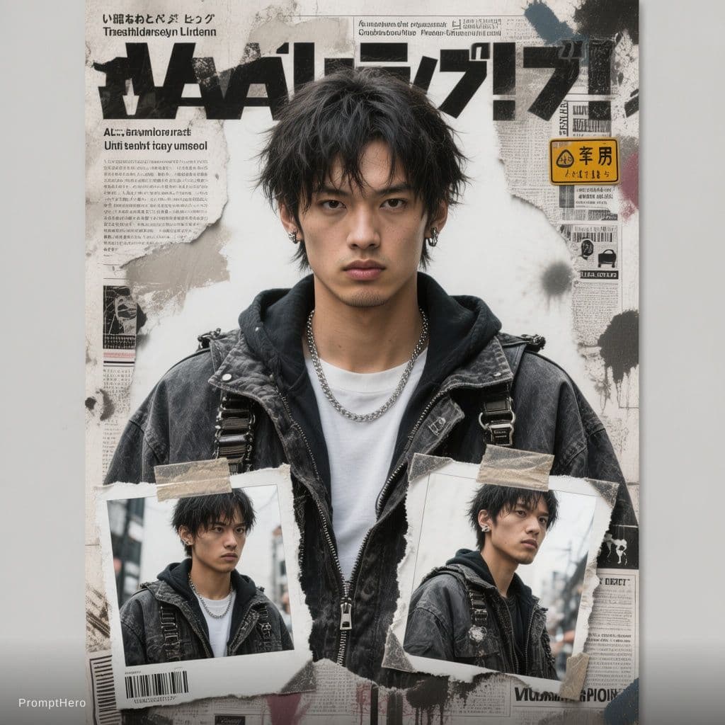 AI generated: Buat poster kolase editorial streetwear Jepang bergaya Y2K yang bold dengan estetika majalah fashion...