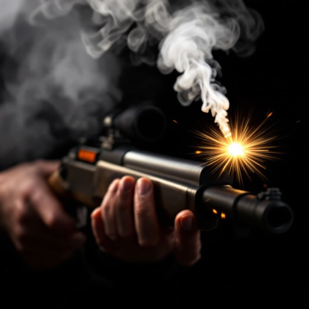 AI generated: Bullet exiting a hunting rifle with a black background with a hand firing the rifle with smoke and f...