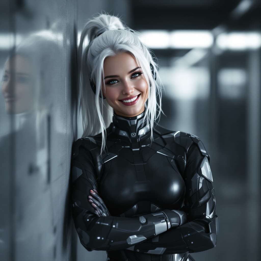 AI generated: Kaukasian cyber woman smiling happily, with white hair, arms crossed around waist, standing with leg...