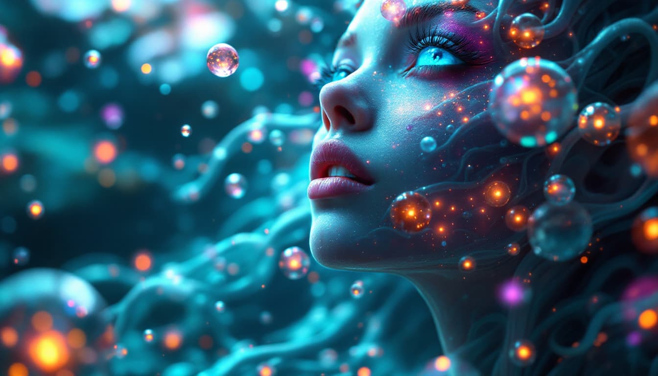 AI generated: Surreal 4k painting of an alien princess with expressive blue eyes and cosmic features. Her skin app...