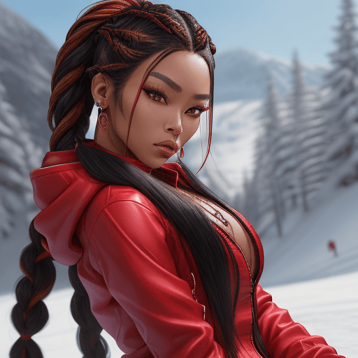 AI generated: Skiing Asian blackkhair beauty, with braided hair. nude, ultra realistic highly detailed face, beaut...