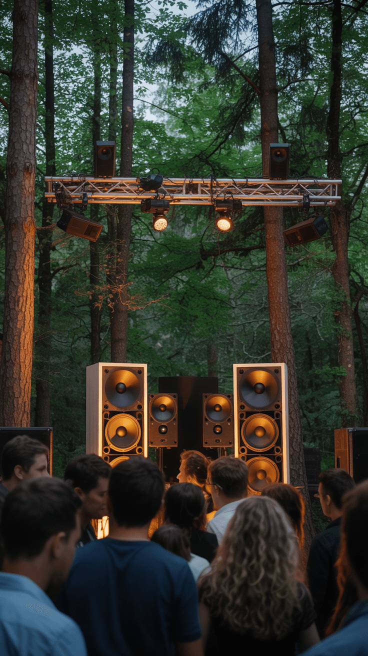 AI generated: Describe a party taking place deep in a forest, featuring four Void Acoustics speakers arranged to c...