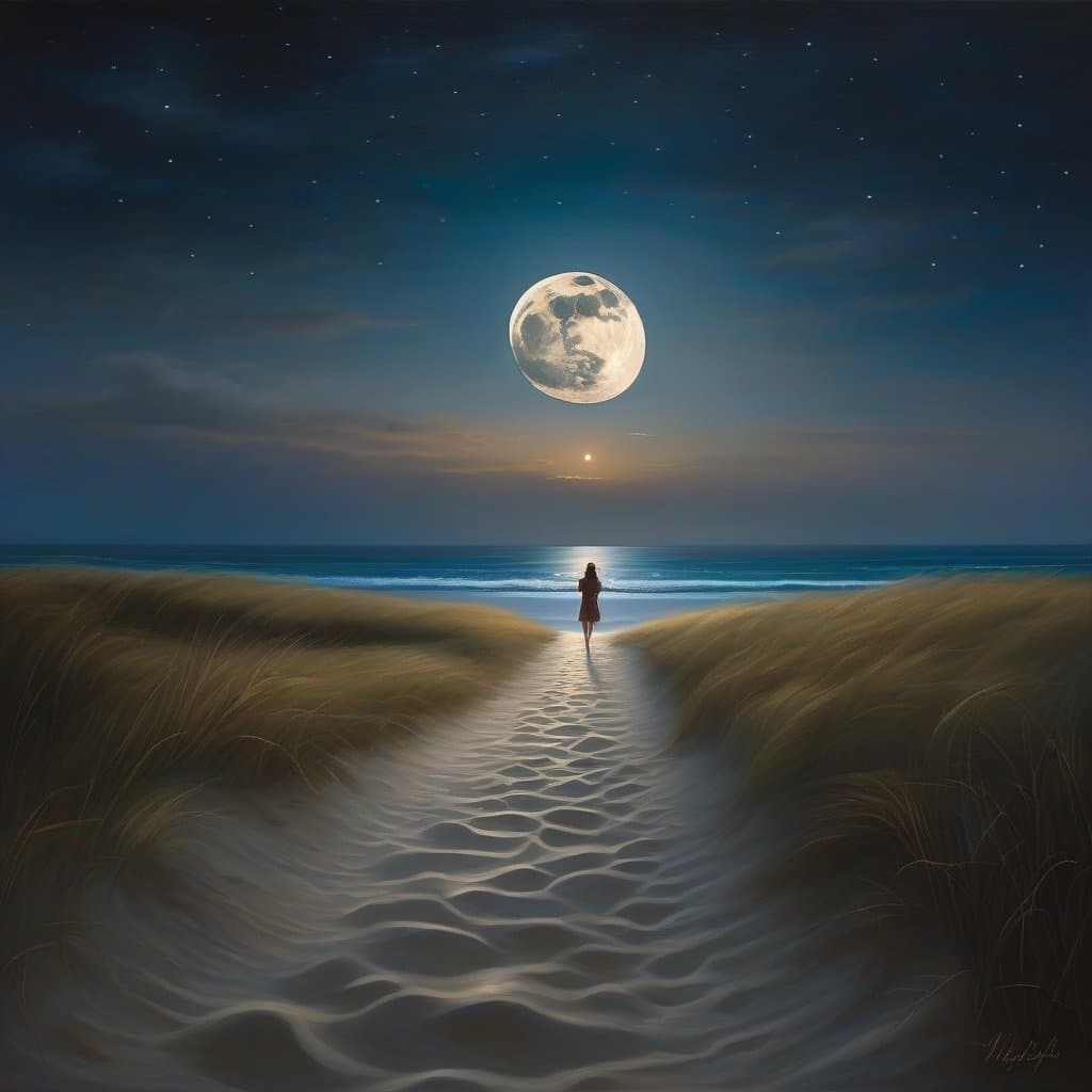 AI generated: landscape: "Night sea"moon path came running to me. How delightful night!"