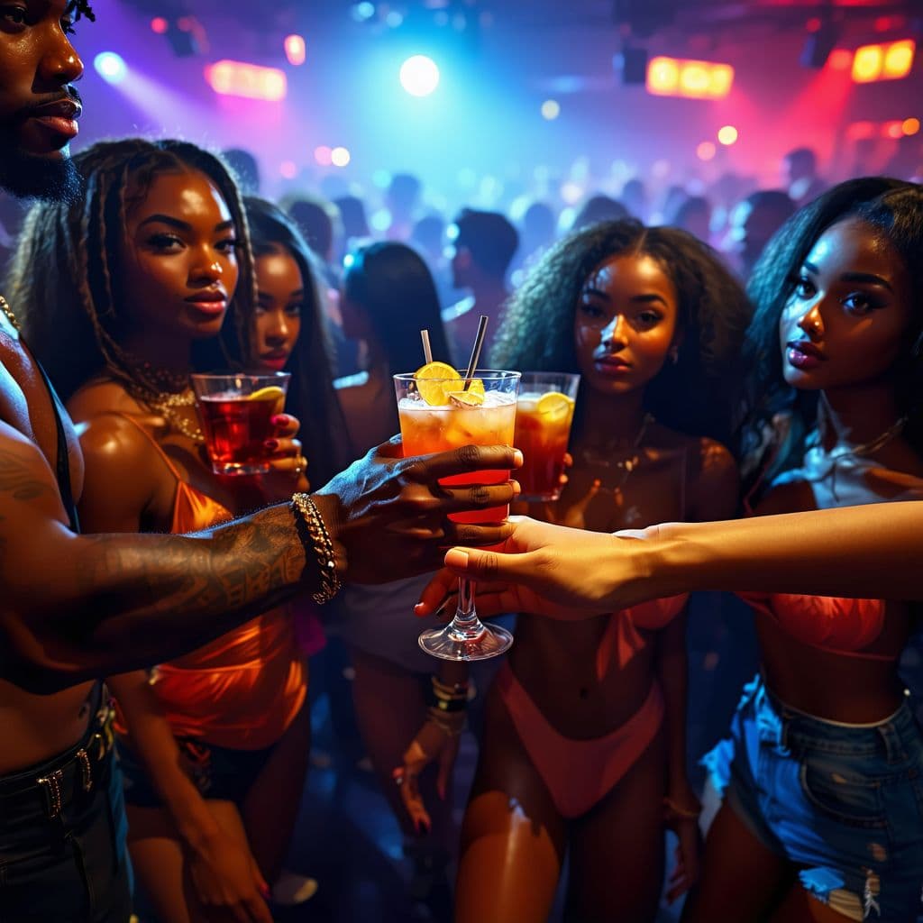 AI generated: a man's hand is out being offered to 3 very attractive african american of different skin tones and ...