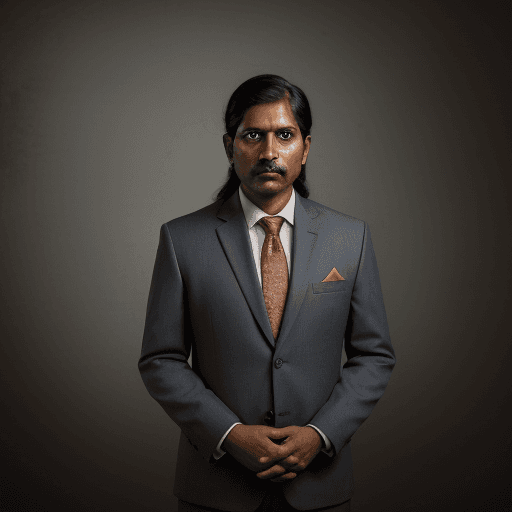 AI generated: 38 year old southern indian, suit, portrait in photo studio, serious face, doctorate, 