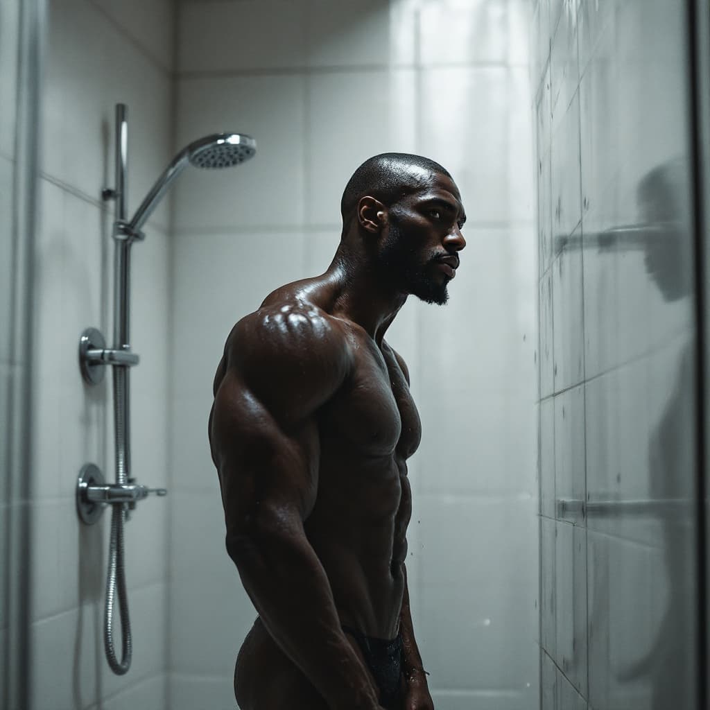 AI generated: realistic full length 
nude black man getting out of shower at gym
