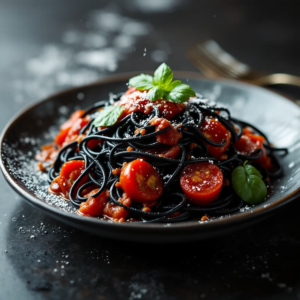 AI generated: Extreme close-up, a plate of black spaghetti with marinara sauce,, photorealistic, in the style of h...