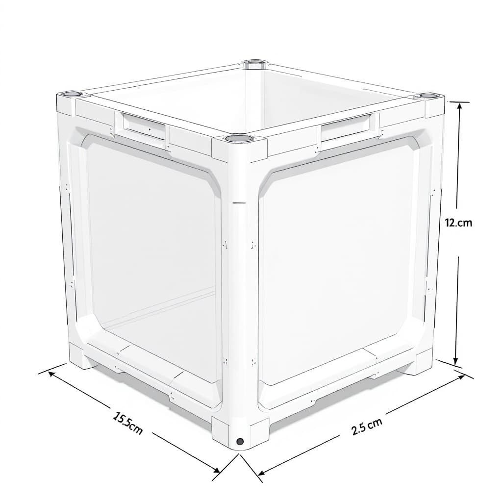 AI generated: 3D schematic-style rendering of an open-top, square HDPE container measuring 1.2 meters by 1.2 meter...