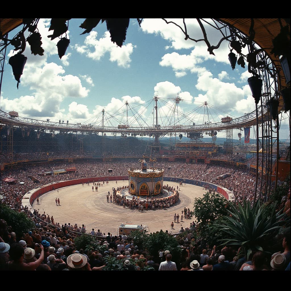 AI generated: en basse résolution une image panoramique d'un roulotte de cirque bouillonne dans les années 1970