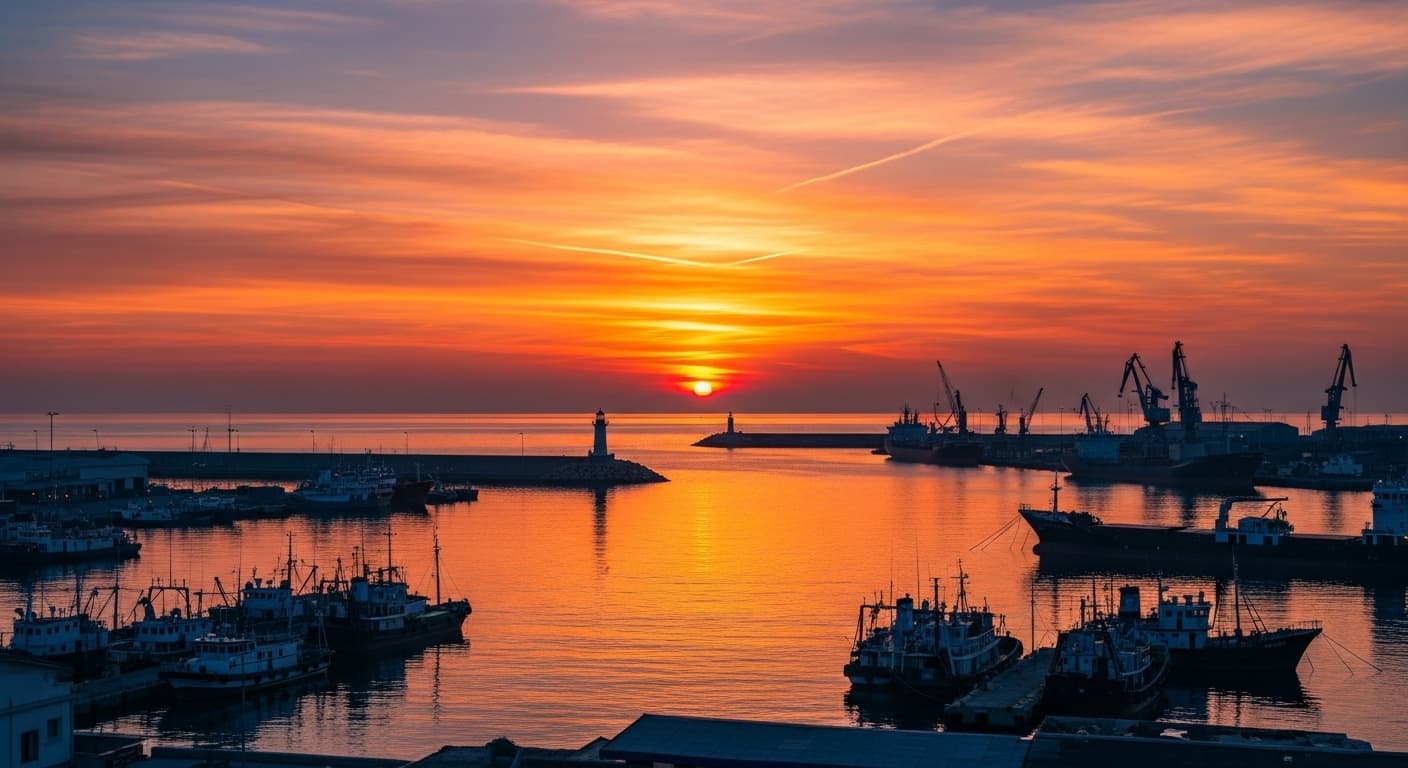 AI generated: Magical sunset over port
