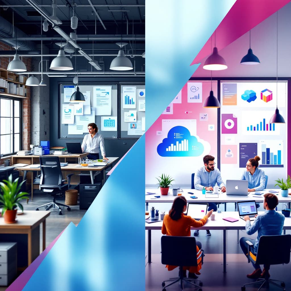 AI generated: A dynamic split-screen image: on one side, a traditional office with paper files and outdated equipm...