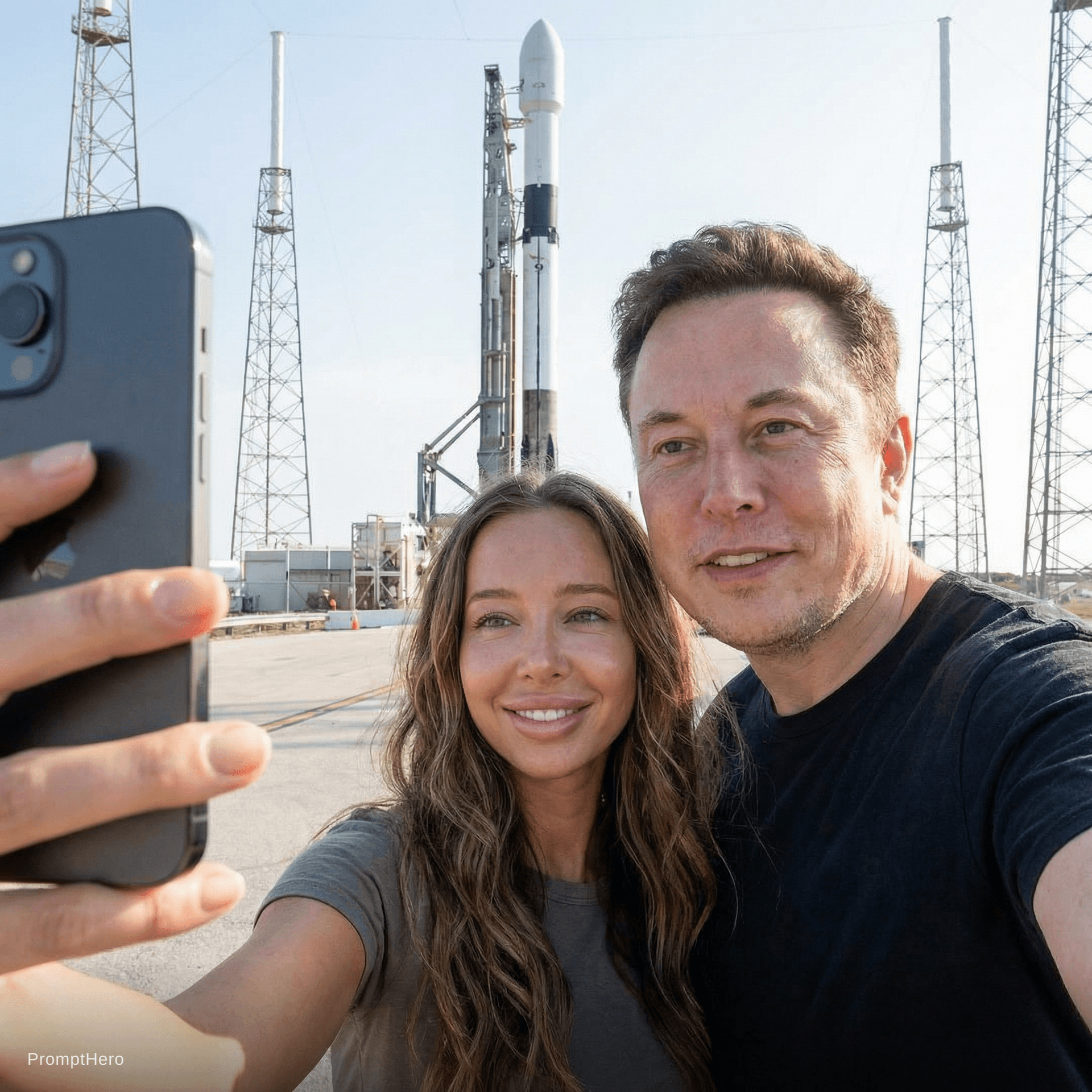 AI generated: with Elon Musk in front of a SpaceX rocket, professional setting