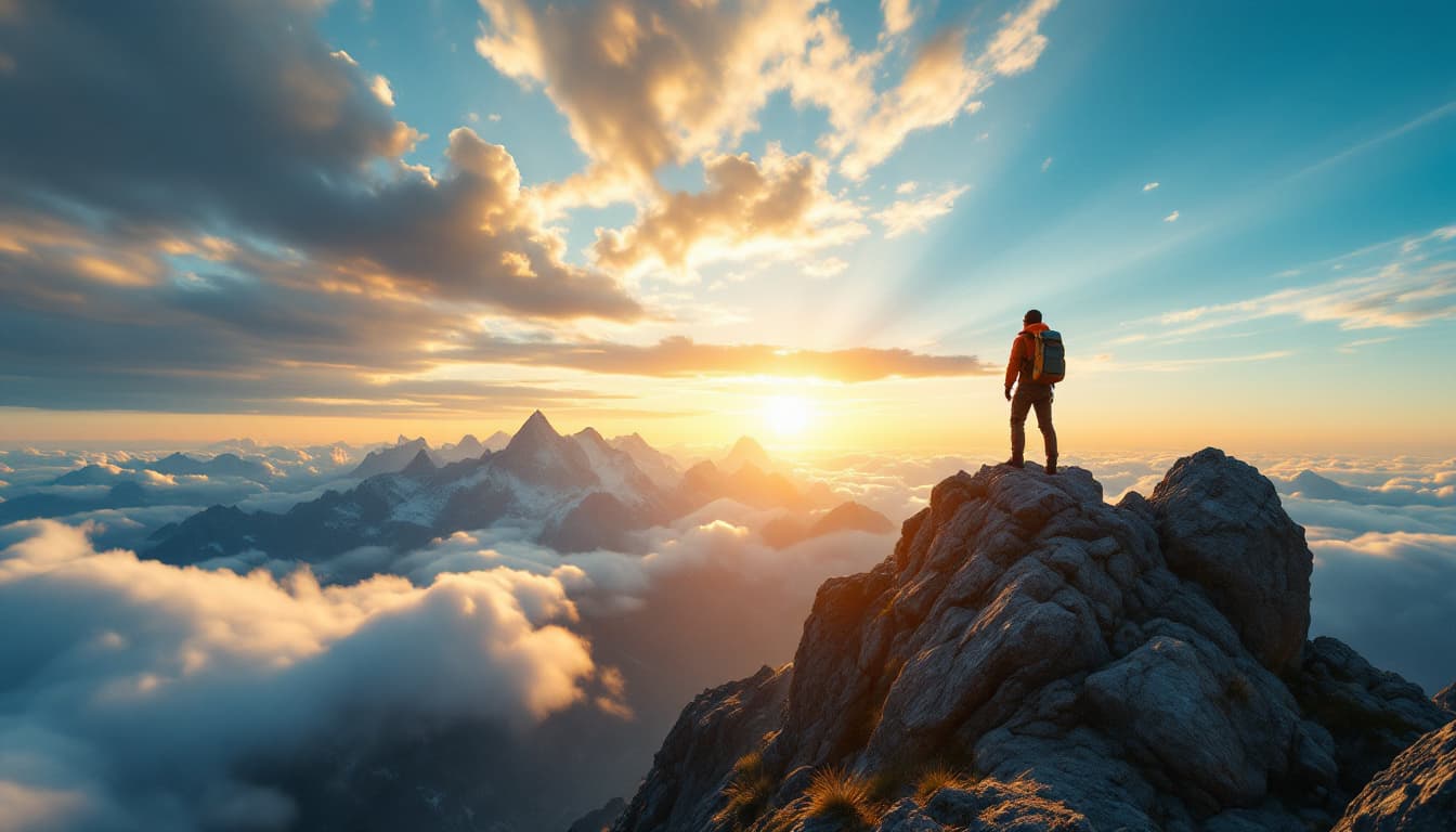 AI generated: A breathtaking wide shot of a climber standing triumphantly at the peak of a high mountain, gazing a...