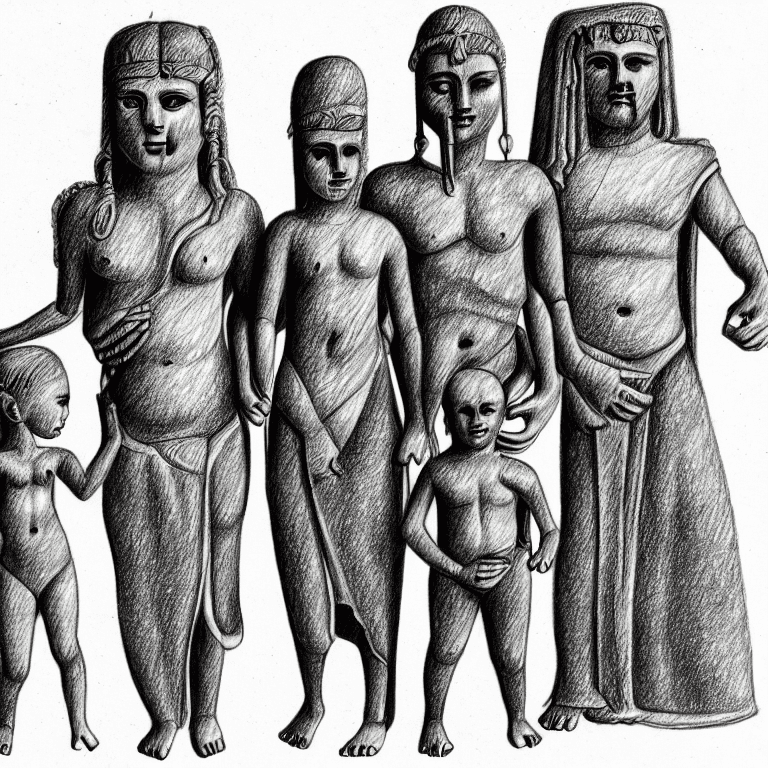 AI generated: Ancient family, pencil drawing, very badly designed, drawing made by a madman, iconcluente design, v...