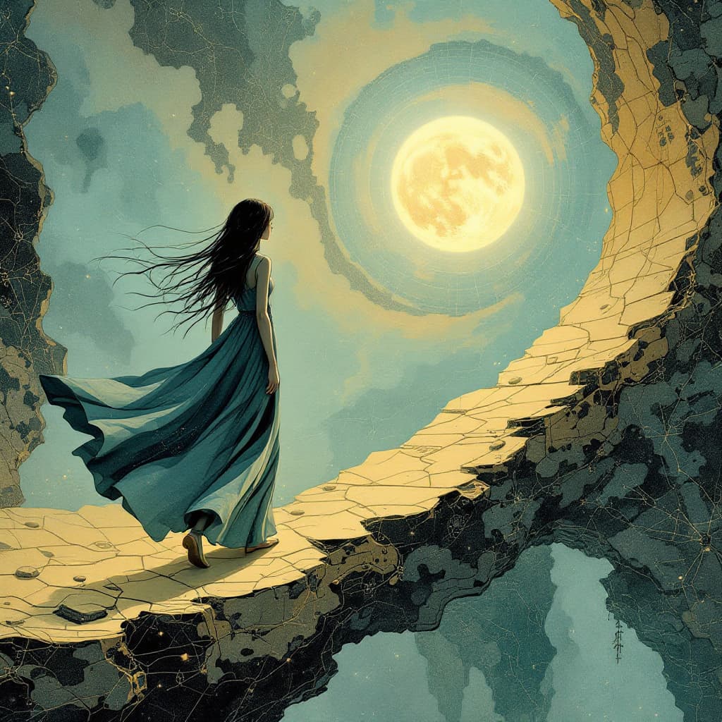 AI generated: Generate an illustration of a girl walking from the past into the future. Half vintage style, half f...