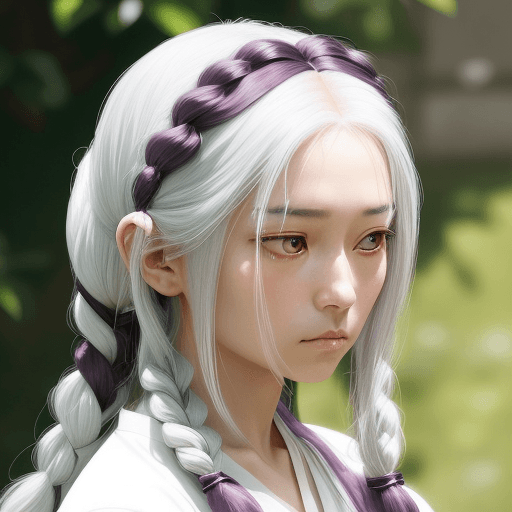 AI generated: A woman with long deep purple hair styled in a side braid and adorned with modest white hair accesso...