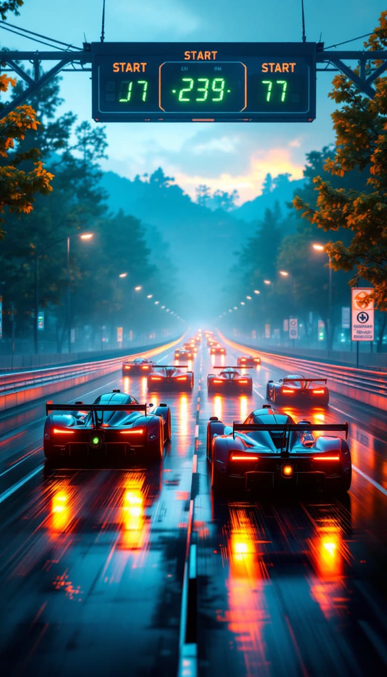AI generated: Summer. The start sounds, and the green light turns on on the scoreboard hanging above the track in ...
