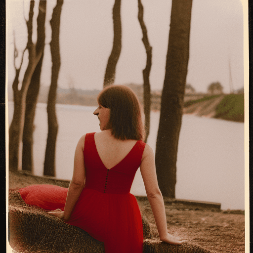 AI generated: [photography], girl wearing red dress and leather boots seated near the River in a landscape