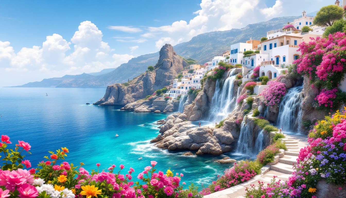 AI generated: a mesmerizing, fictive, dreamlike Mediterranean landscape with a lush, vibrant waterfall cascading d...