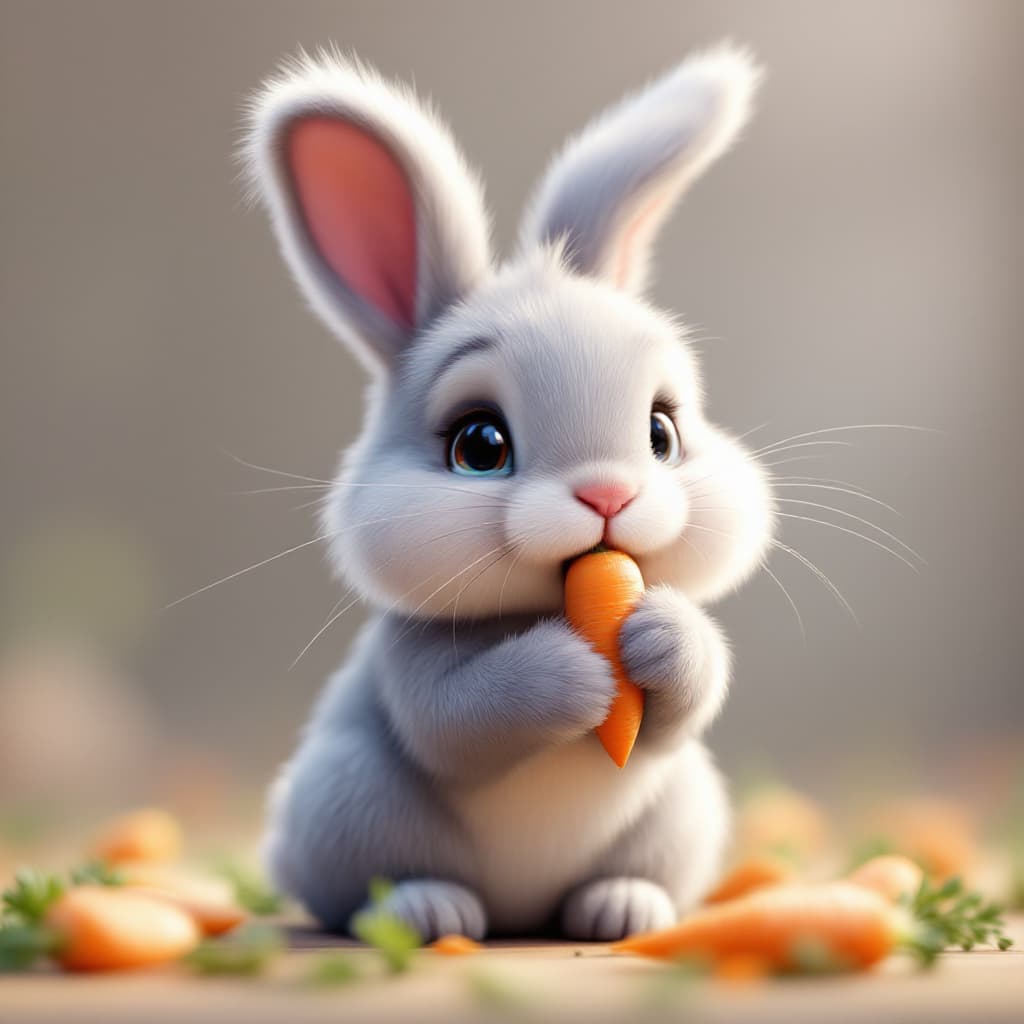 AI generated: Creat a grey cute mini lop rabbit eating some carrot in pixar style 3d --stylize 50 --v 6.1