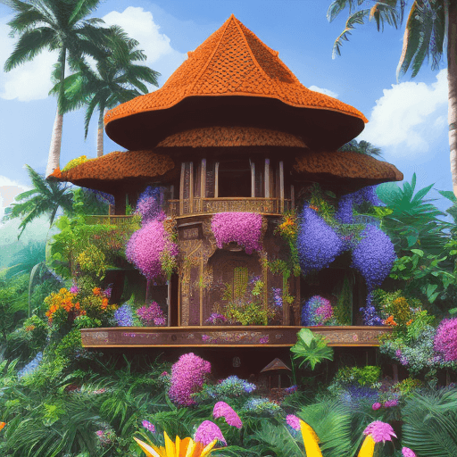 AI generated: A illustration tropical scene featuring a dark brown wooden Malay traditional house with intricate c...