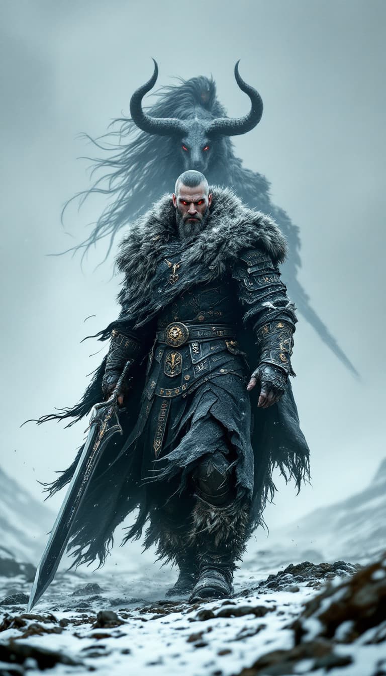 AI generated: An ultra-realistic, zoomed out, front facing full-body portrait of a towering Berserker, his fur-lin...