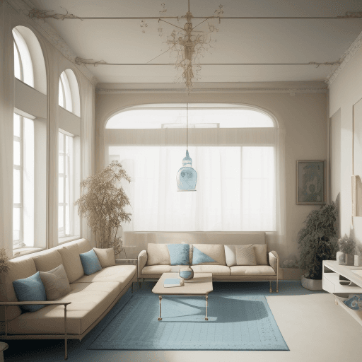 AI generated: High resolution photography interior design, dreamy sunken living room conversation jesus with girl ...