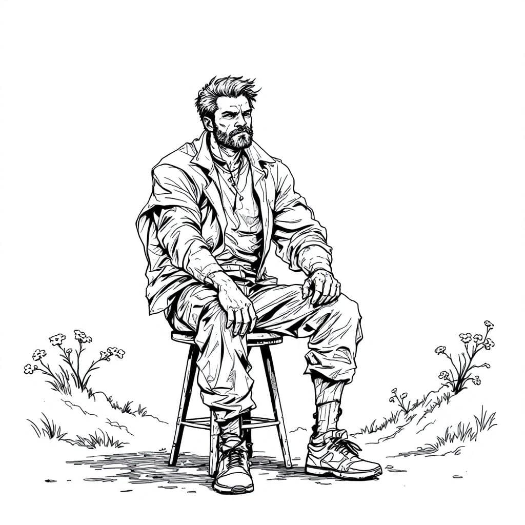 AI generated: A man sit on chier, black lines white background, clean simple line art, no background, black lines ...