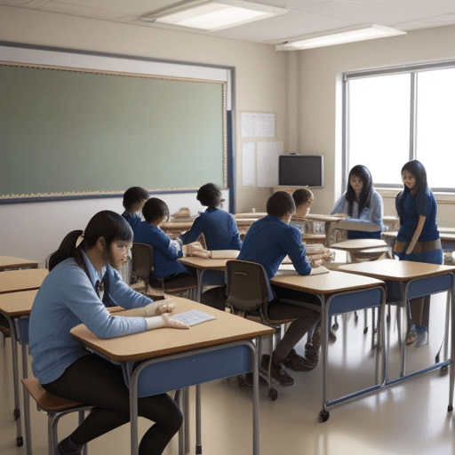 AI generated: students working togather in groups each 4 students setting around tables in the classroom