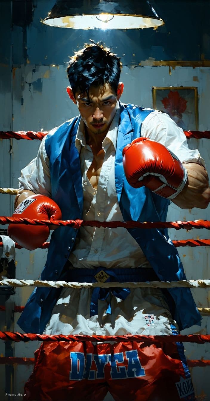 AI generated: reference picture, centered, masterpiece, a painting of a man in a boxing ring, trending on Artstati...