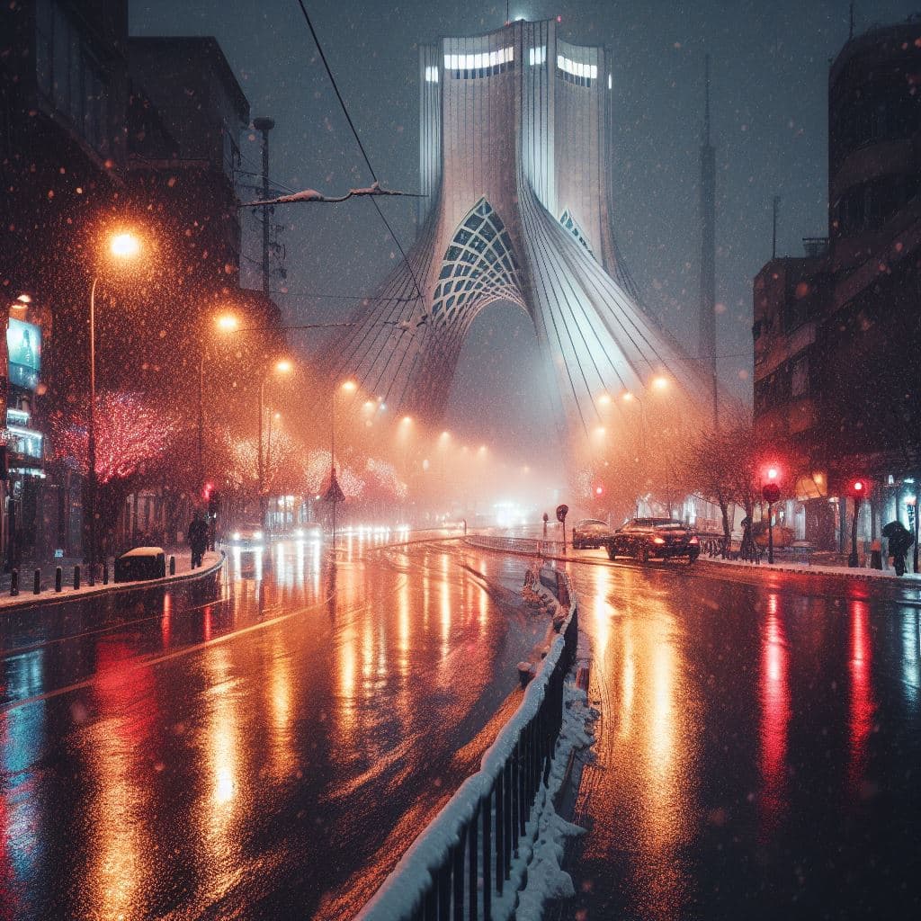 AI generated: Street photography,4k, Tehran streets, street lights reflex on the ground, snowing, Azadi Tower,